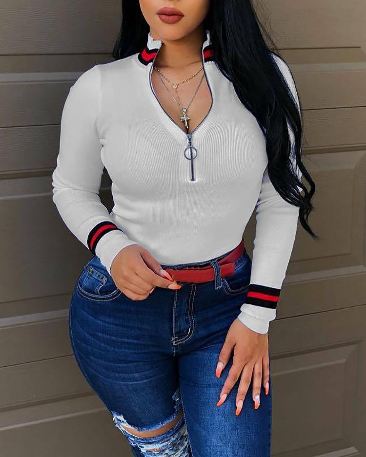 

Stripes Tape Long Sleeve Zipper Ribbed Top, White