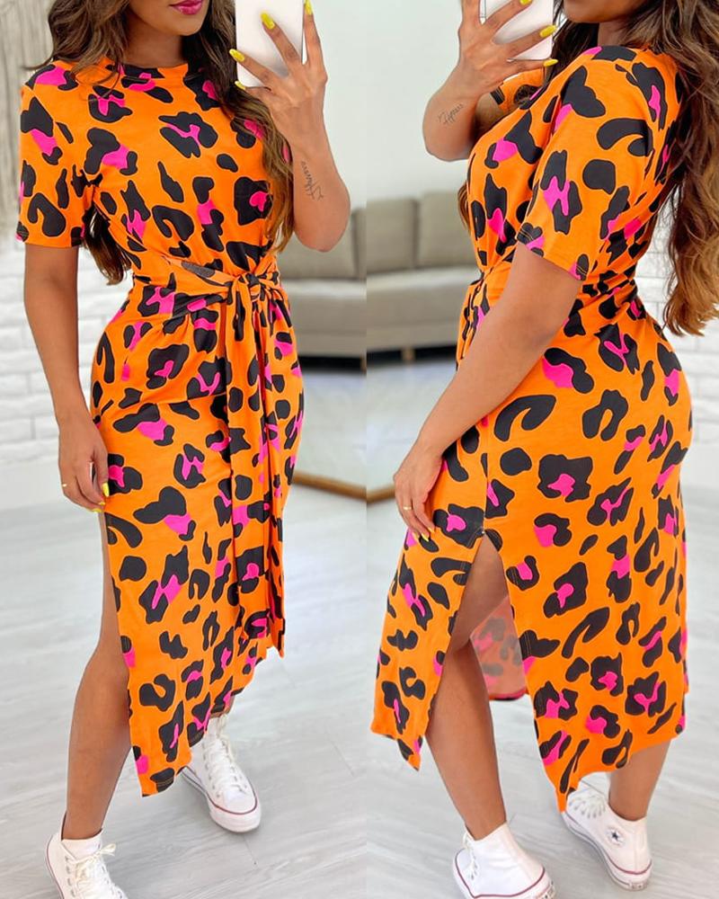 

Vestido casual com detalhe de amarração e estampa de leopardo rosa, Orange