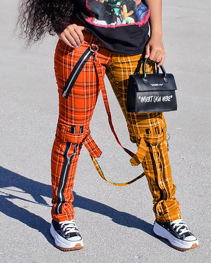 

Plaid Zipper Design Pockets Pants, Orange