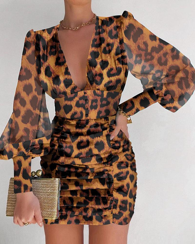 

Leopard Print Ruched Puff Lantern Sleeve Dress, Yellow