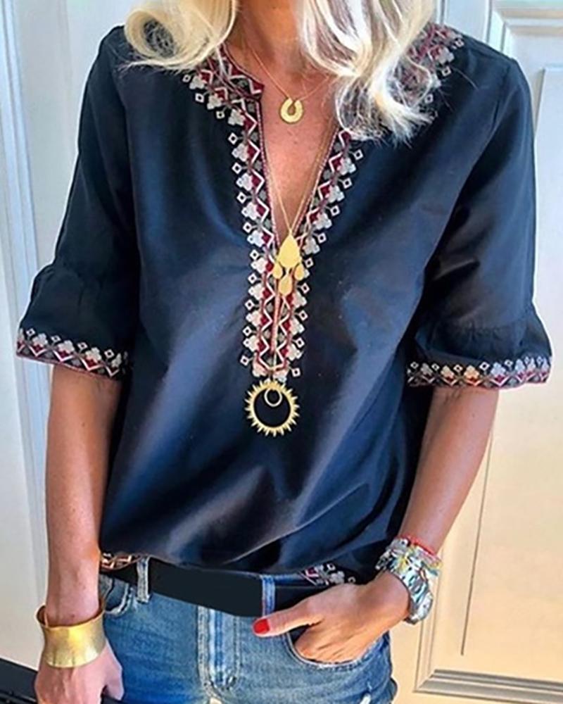 

V Neck Ethnic Print Casual Blouse, Dark blue
