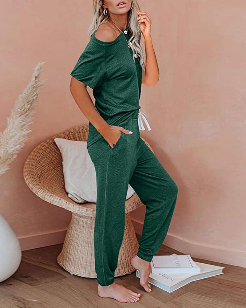 

Plain Round Neck Short Sleeve Top & Pants Set, Green