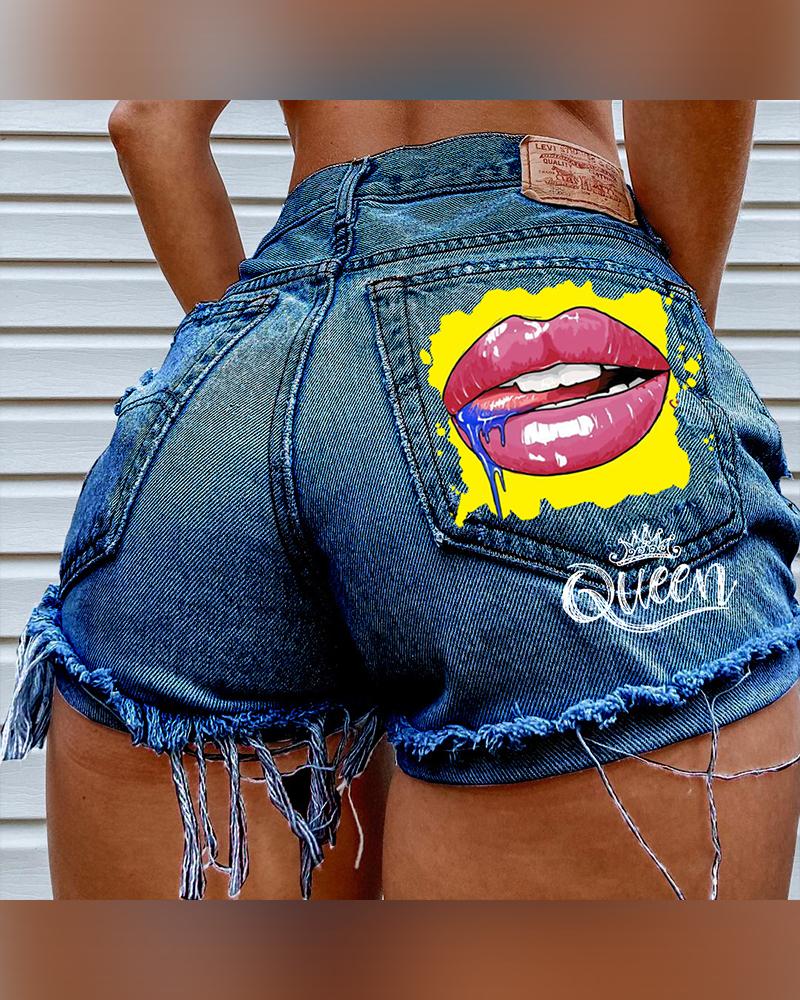 

Solid Color Splicing Lip Print Denim Ripped Short Pants, Dark blue