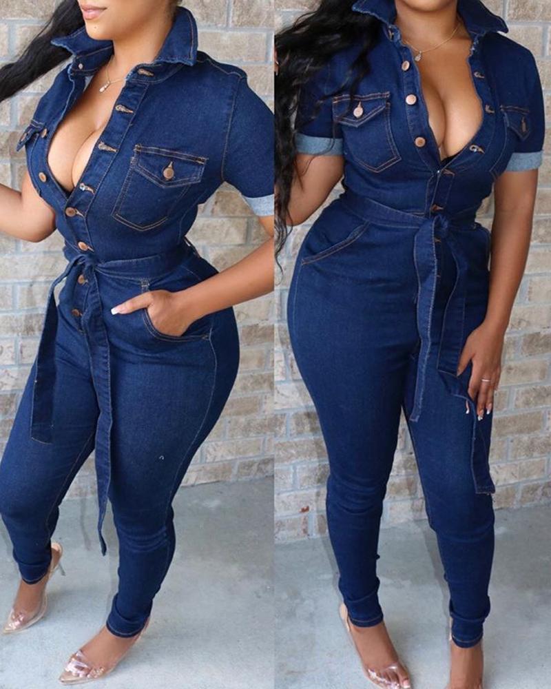 

Buttoned Pocket Design Skinny Denim Jumpsuit, Dark blue