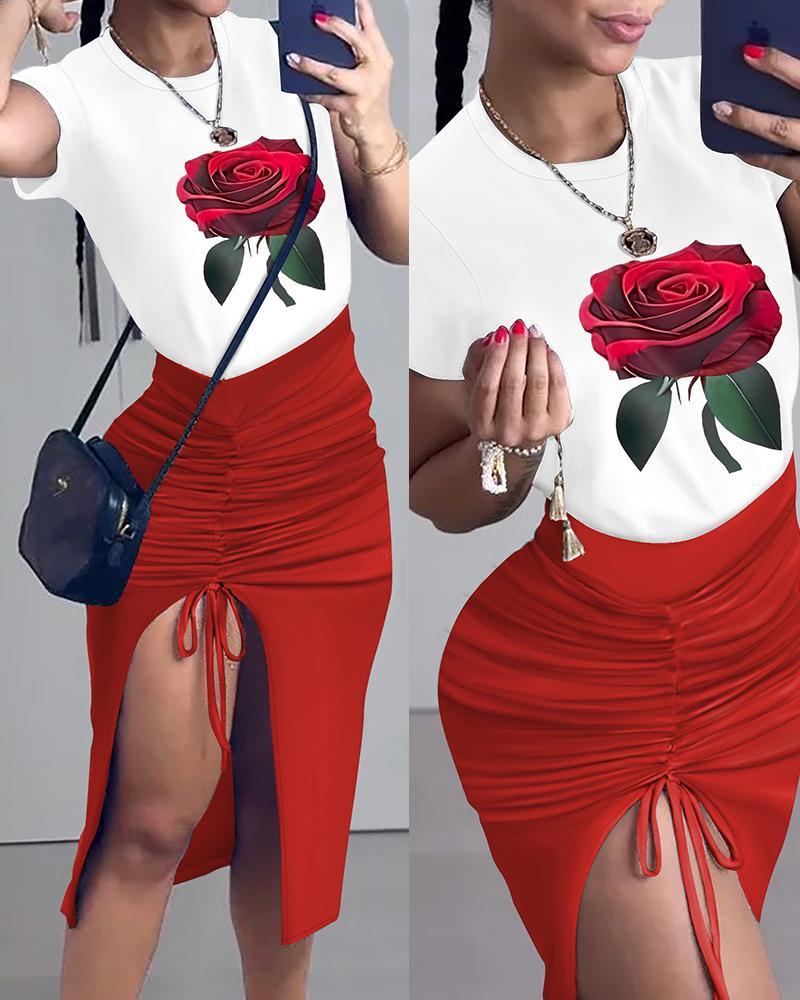 

Rose Print Top & Drawstring Slit Skirt Set, Red