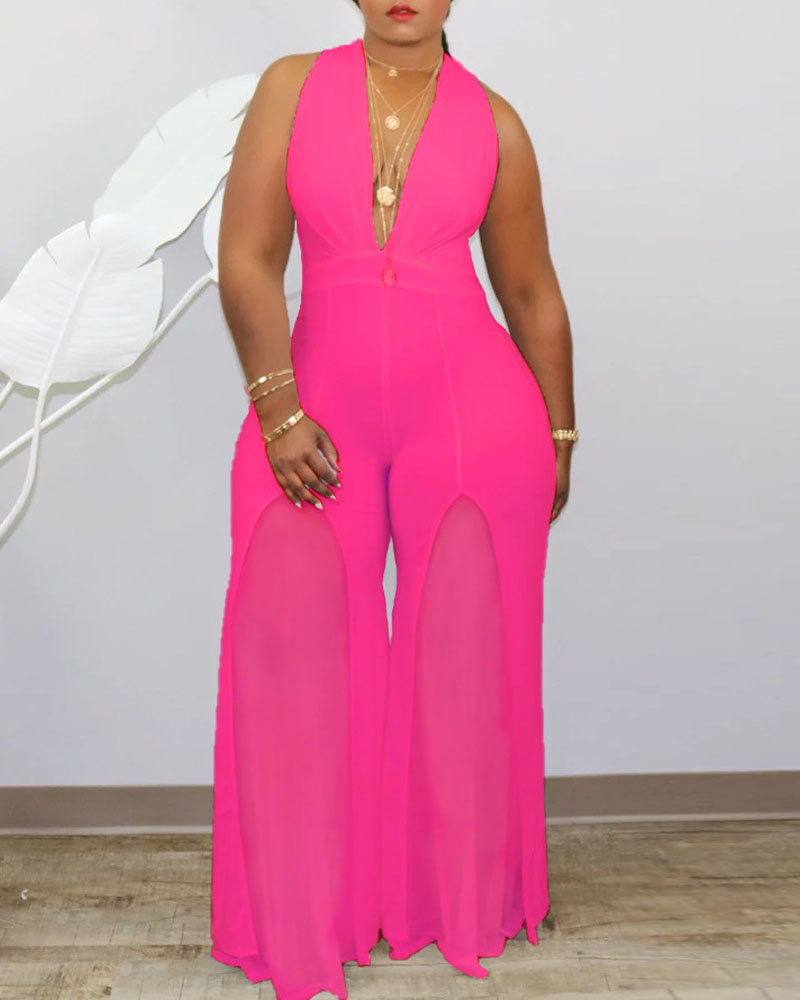 

Plus Size Deep V-Neck Contrast Mesh Wide Leg Jumpsuit, Hot pink
