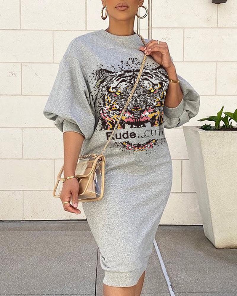 

Tiger Pattern Letter Print Lantern Sleeve Sweatshirt Dress, Gray