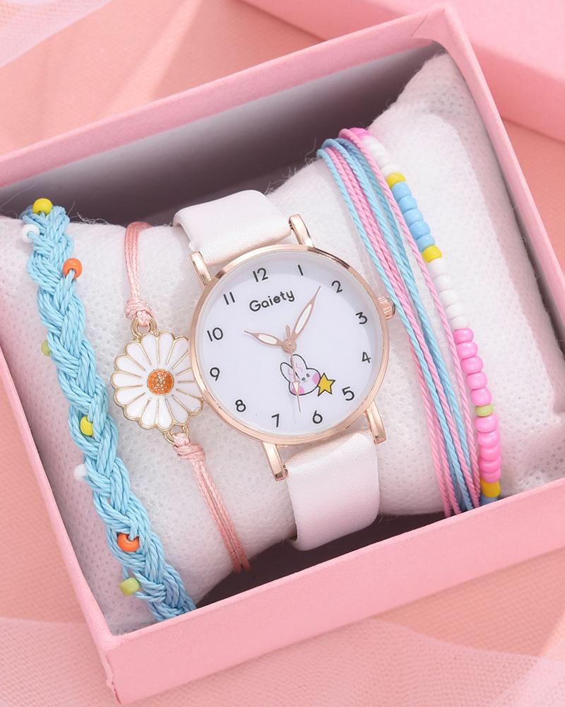 

Rabbit Print Pointer Quartz Watch & Bracelet Set, White