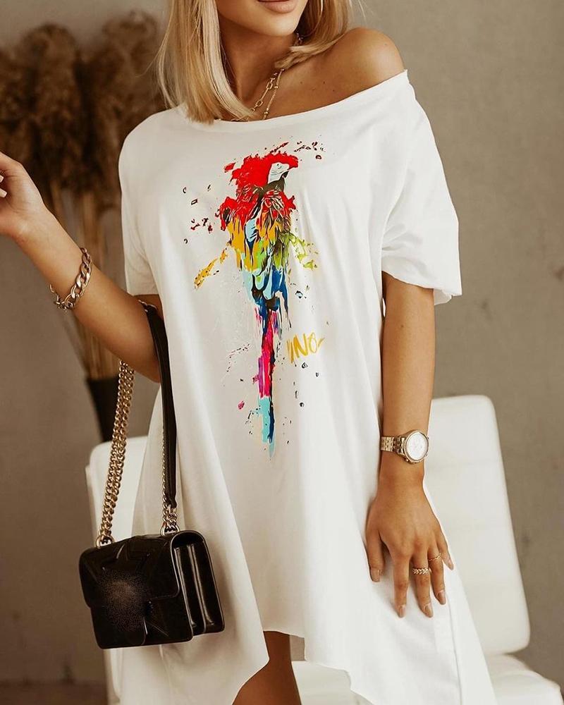 

Parrot Pattern Print Short Sleeve T-shirt Dress, White