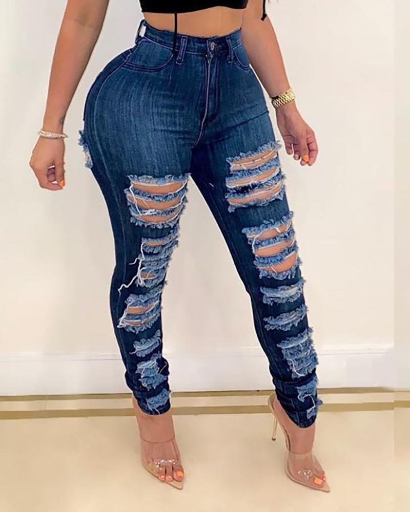 

Ripped Cutout Pockets Denim Pants, Dark blue