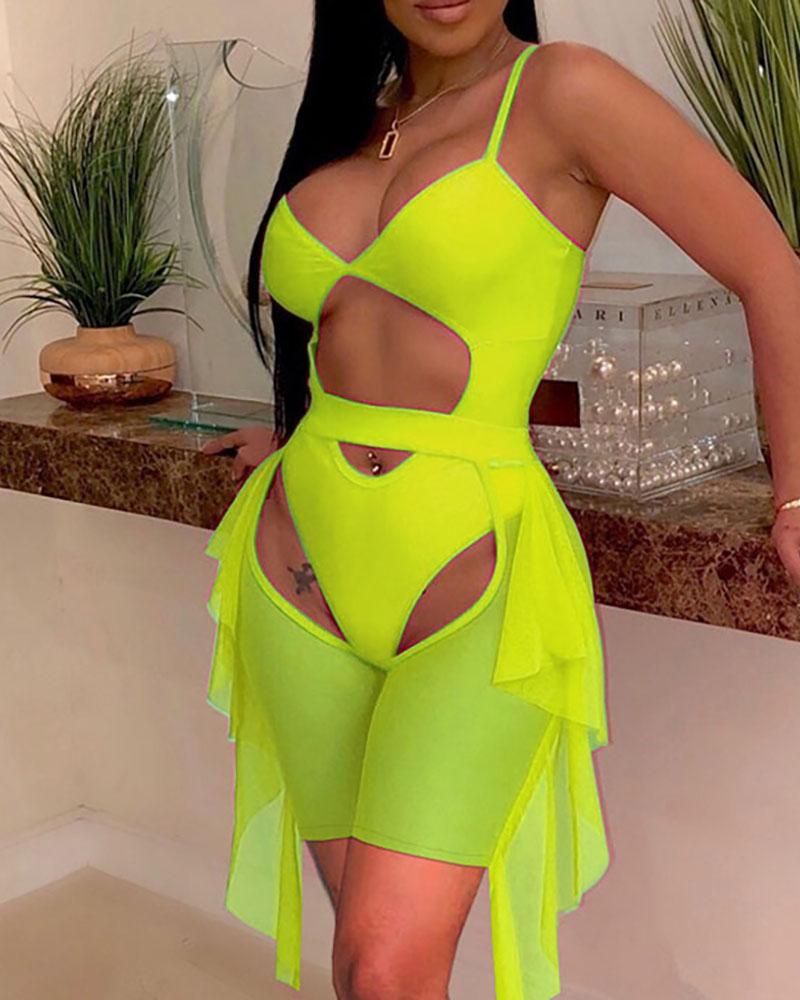 

Cutout Front One Piece Swimsuit With Ruffles Mesh Cover Up Skirt, Yellow