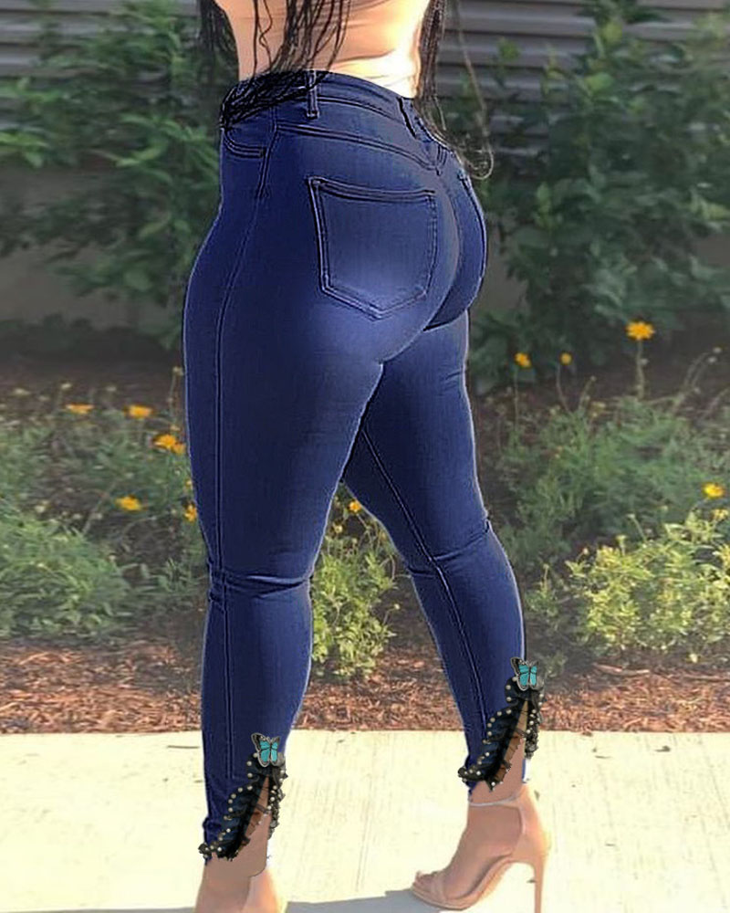 

Zipper Fly Contrast Lace Split Hem Skinny Jeans, Purplish blue