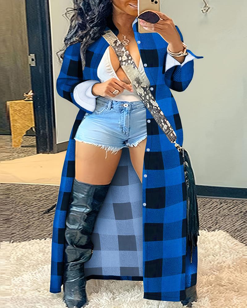 

Plus Size Plaid Print Buttoned Longline Coat, Blue