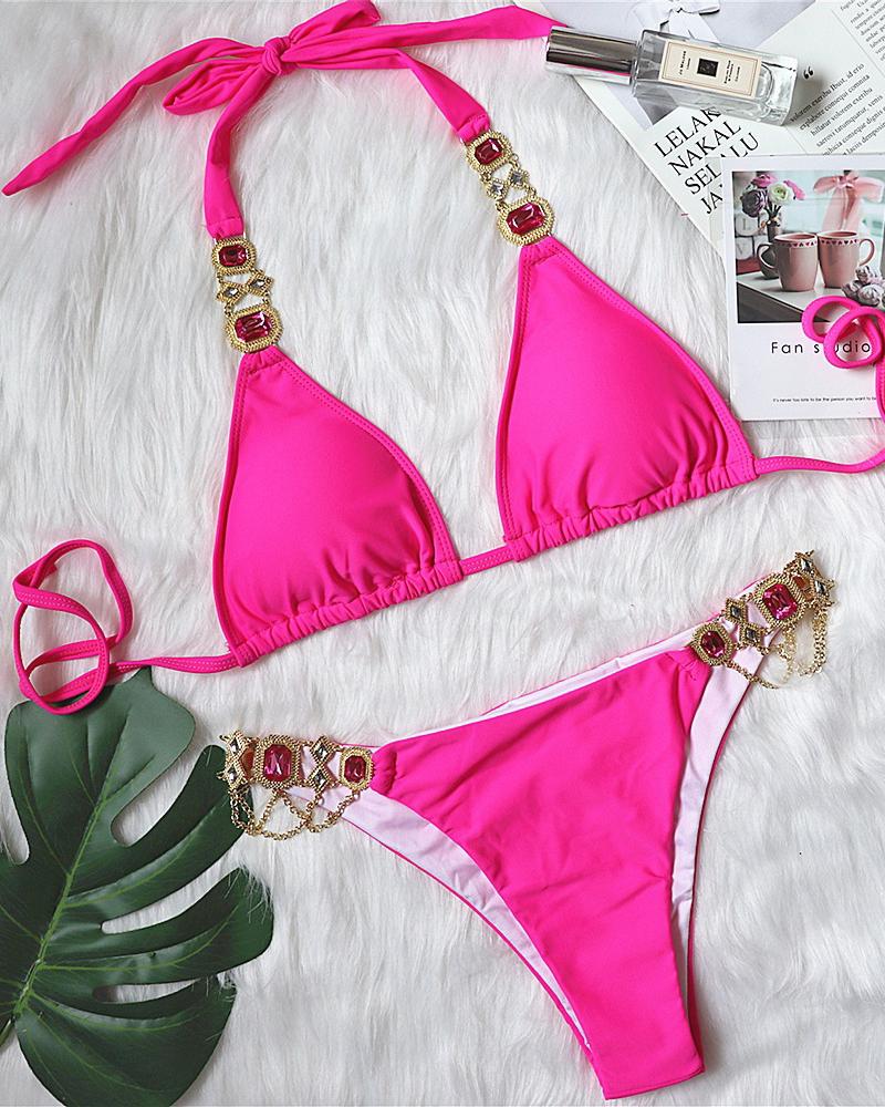 

Rhinestone Chain Decor Tied Detail Bikini Set, Pink