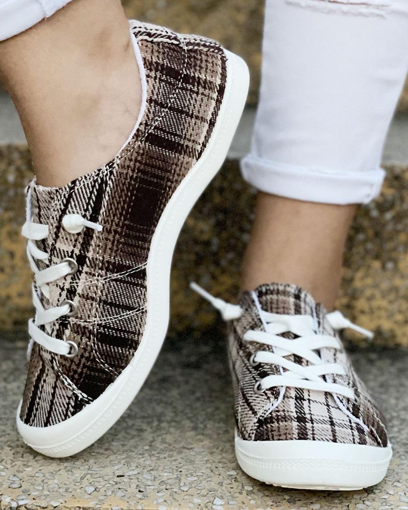 

Plaid Print Lace-Up Canvas Sneakers, Khaki