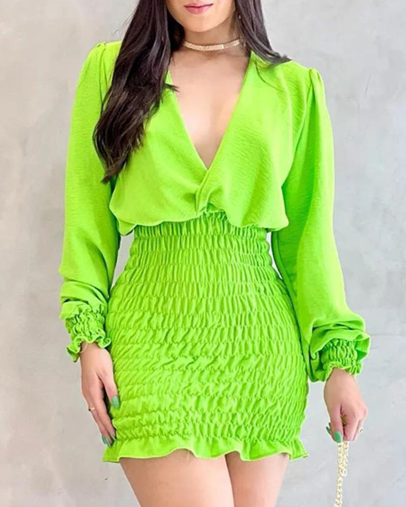 

Puff Sleeve Shirred Mini Dress, Green