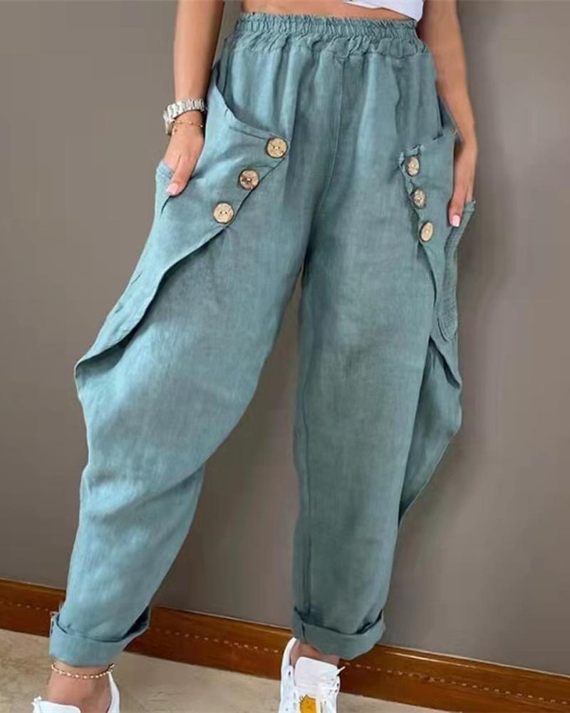 

Pocket Button Detail Casual Pants, Blue