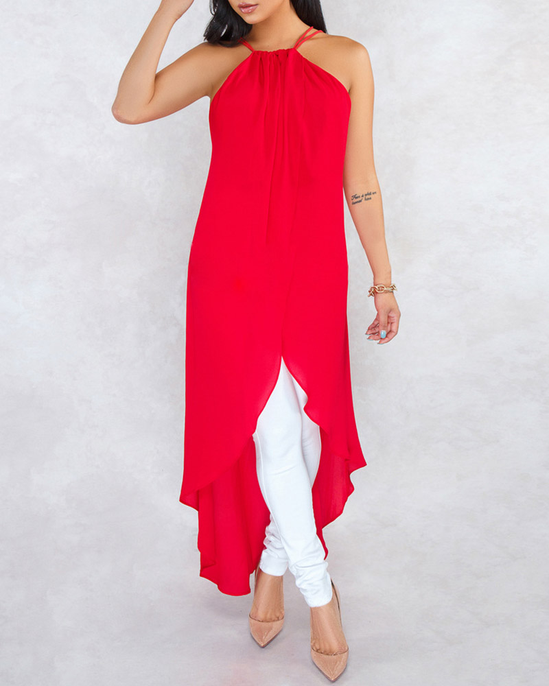 

Halter Ruched Asymmetrical Casual Dress, Red