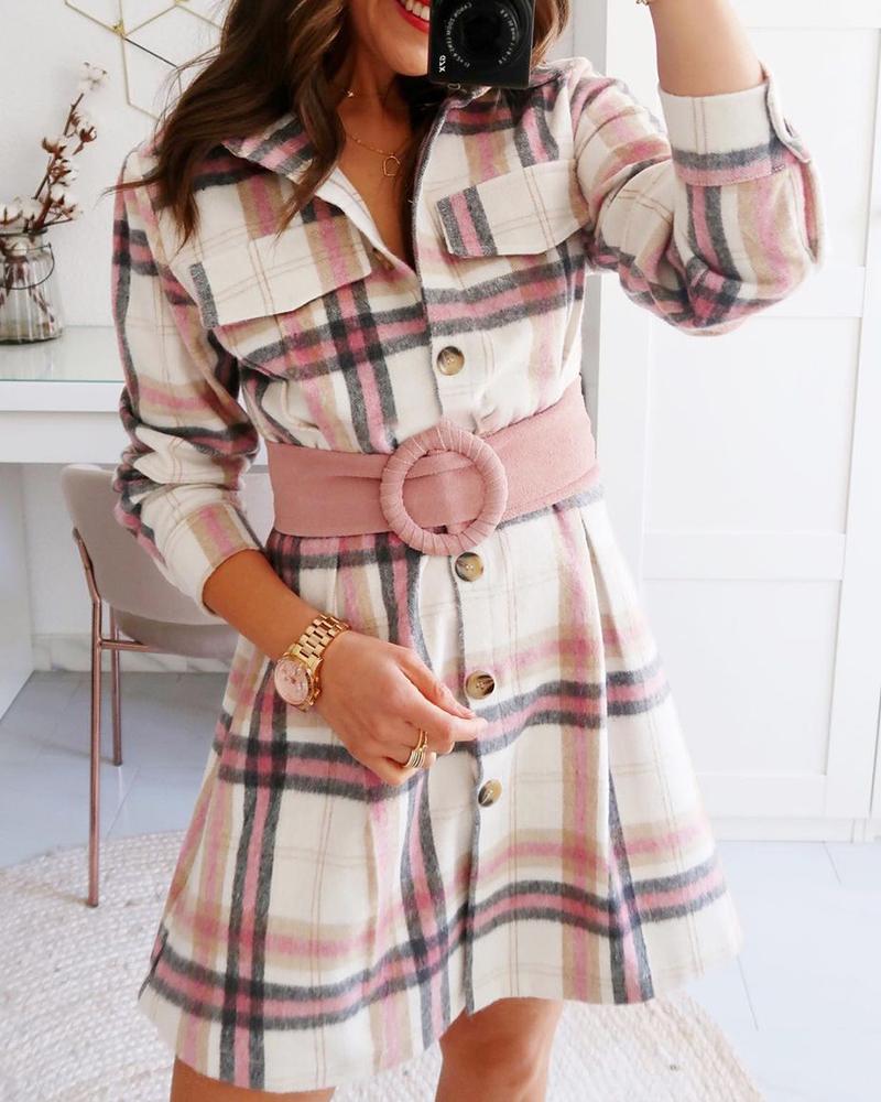 

Plaid Button Pocket Design Shirt Dress, Pink