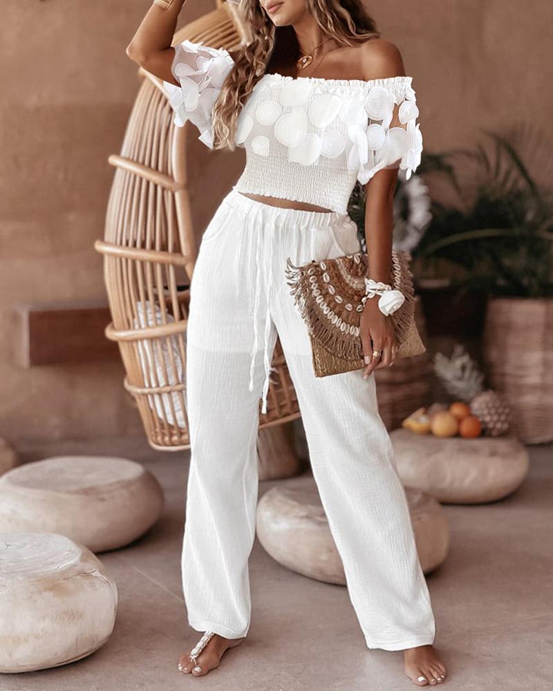 

Frill Hem Shirred Sheer Mesh Patch Top & Drawstring Pants Set, White