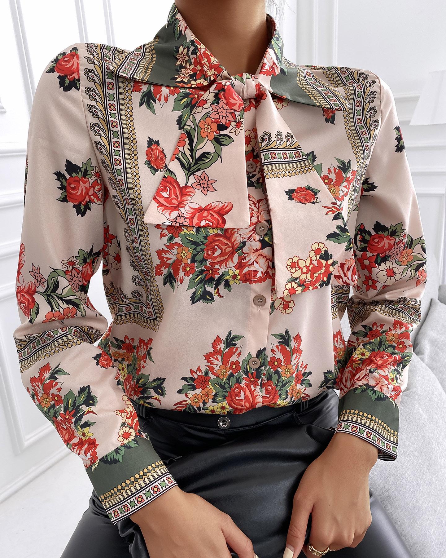 

Floral Print Tie Neck Satin Shirt, Multicolor