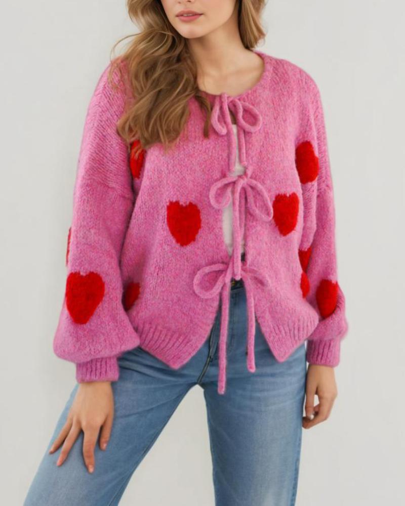 

Heart Pattern Long Sleeve Round Neck Tied Detail Cardigan Spring Winter Top, Pink