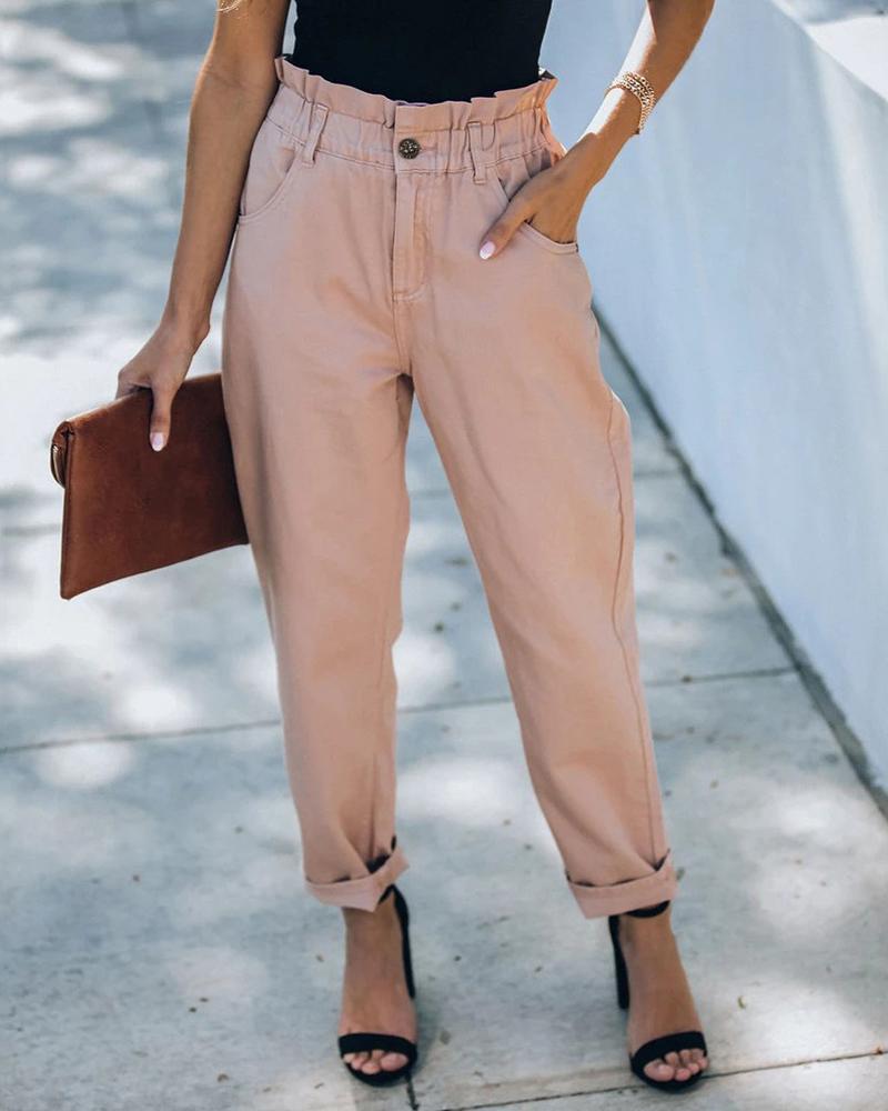 

Solid Pocket Design Paperbag Waist Pants, Pink