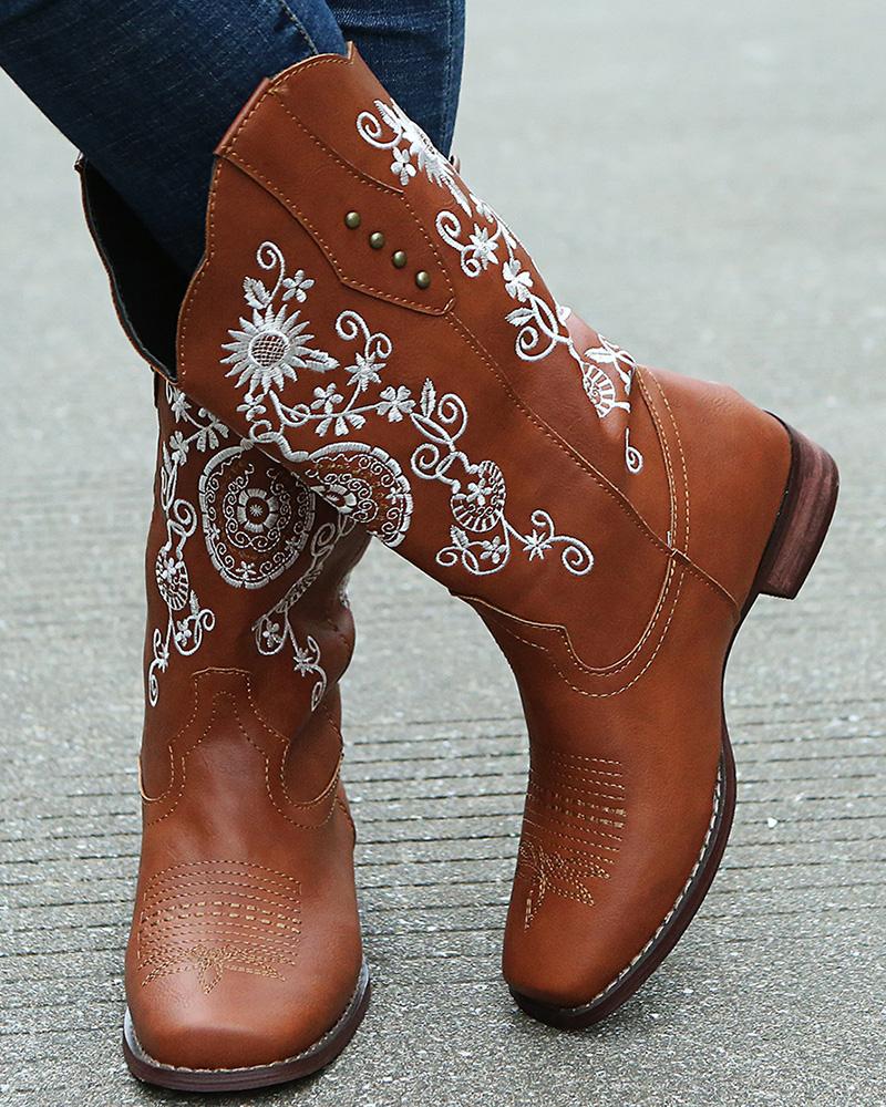 

Sunflower Embroidery Square Toe Chunky Cowboy Boots, Brown
