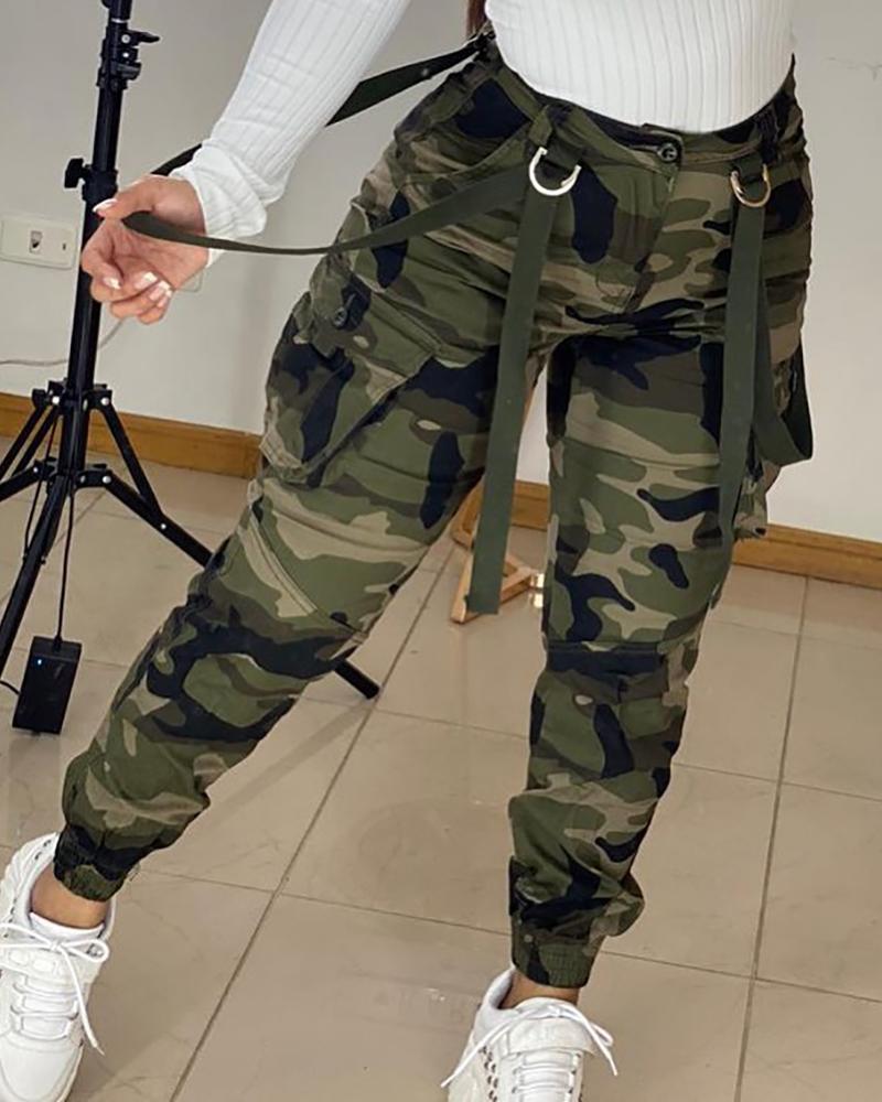 

Camouflage Print Pocket Design High Waist Cargo Pants, Green