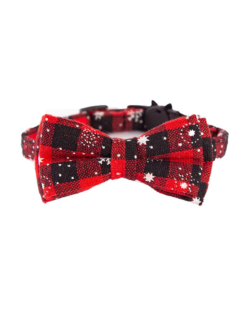 

Christmas Plaid Snowflake Pattern Bowknot Pet Collar, Red