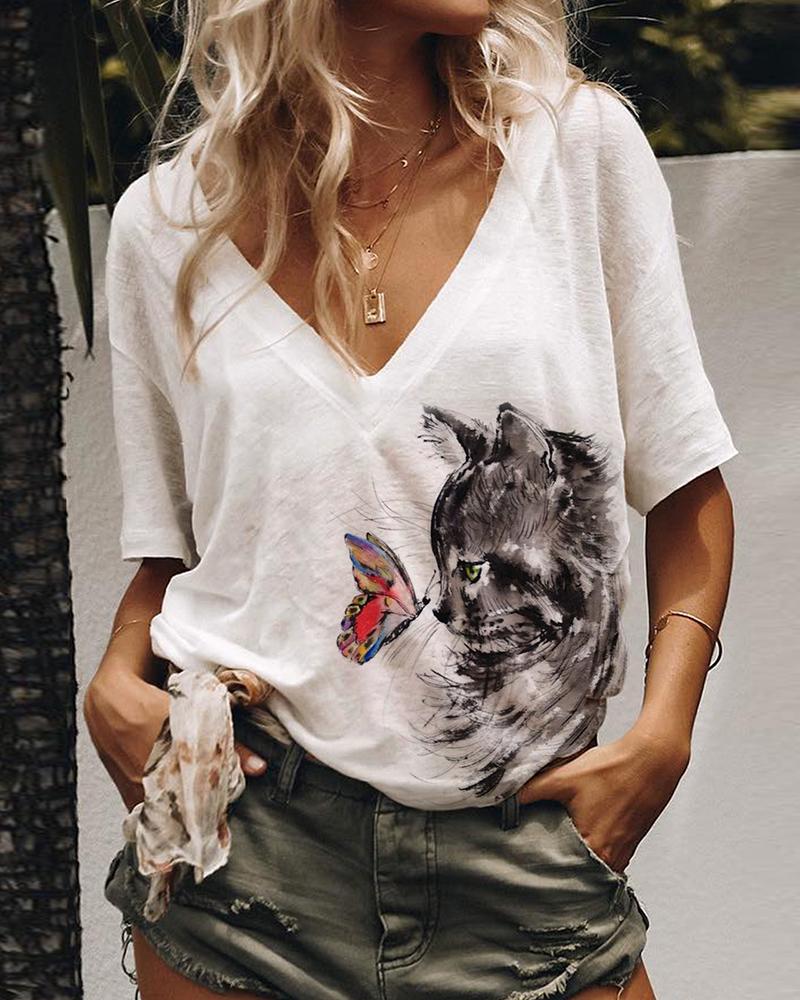 

Cat Butterfly Print Half Sleeve T-Shirt, White
