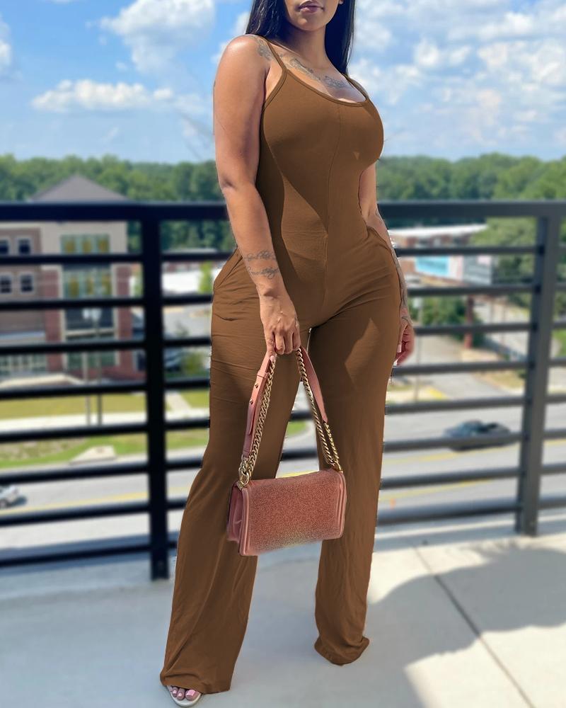 U Neck Sleeveless Pocket Design Jumpsuit