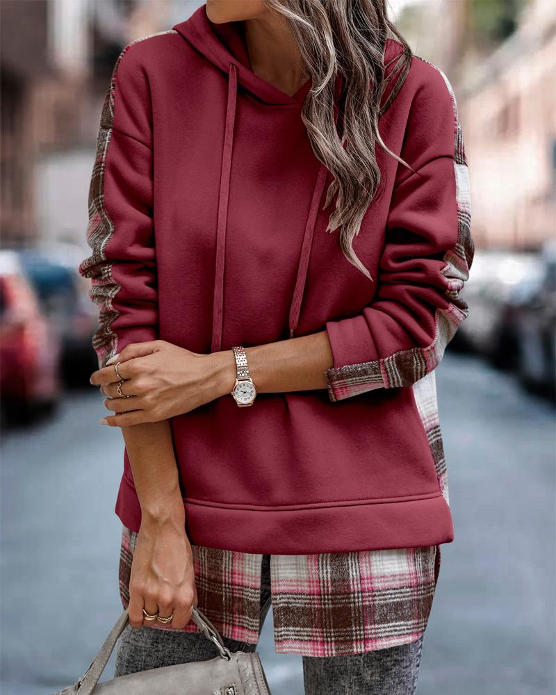 

Contrast Plaid Long Sleeve Casual Hoodie, Red