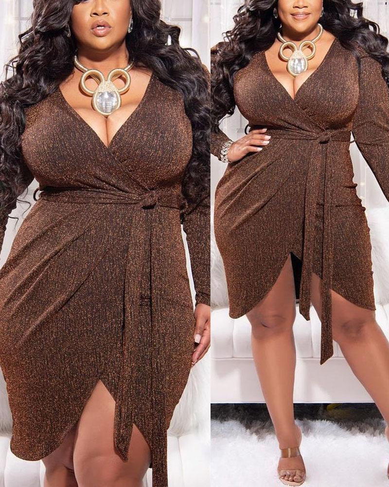 

Plus Size Long Sleeve Belted Wrap Glitter Party Dress, Brown