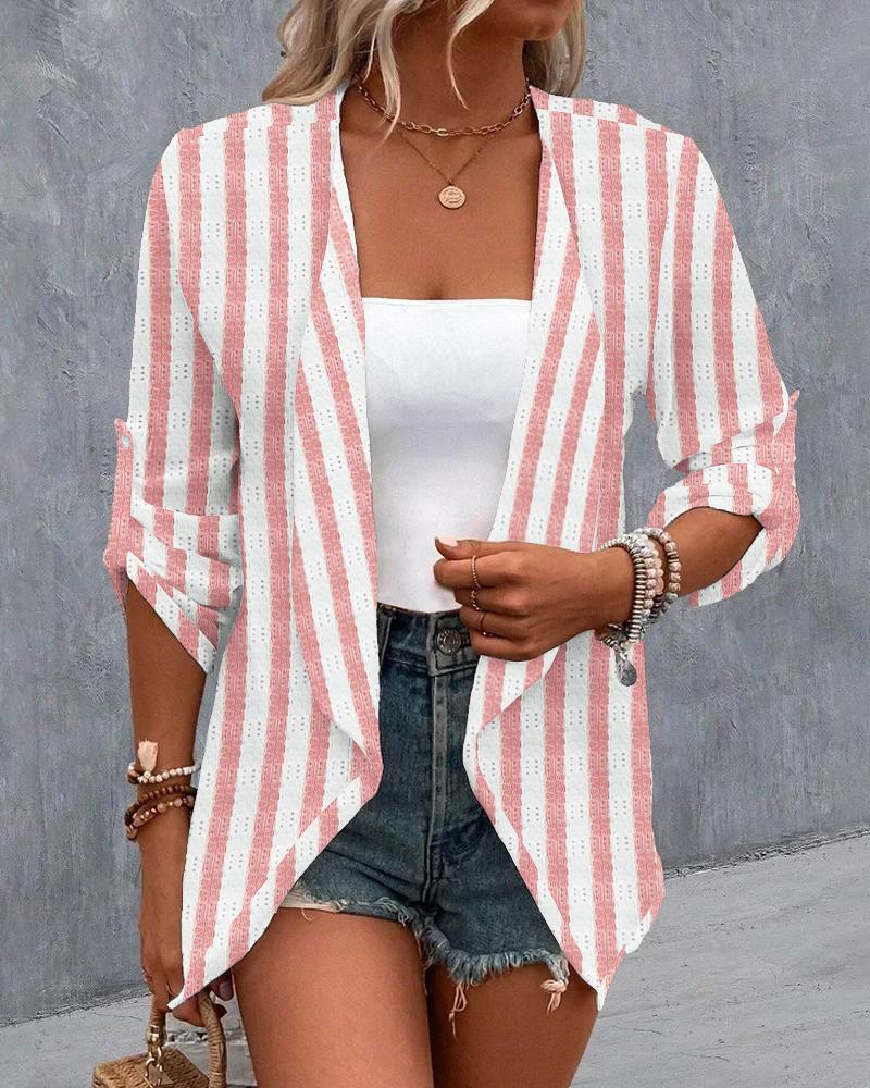 

Striped Roll Up Sleeve Open Front Lace Coat, Pink