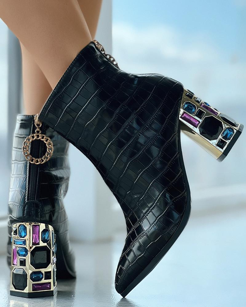 

Crocodile Point Toe Chunky Heel Boots, Black