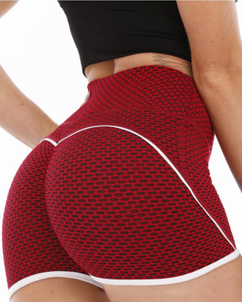 

High Waist Butt Lifting Honeycomb Yoga Active Shorts, Red