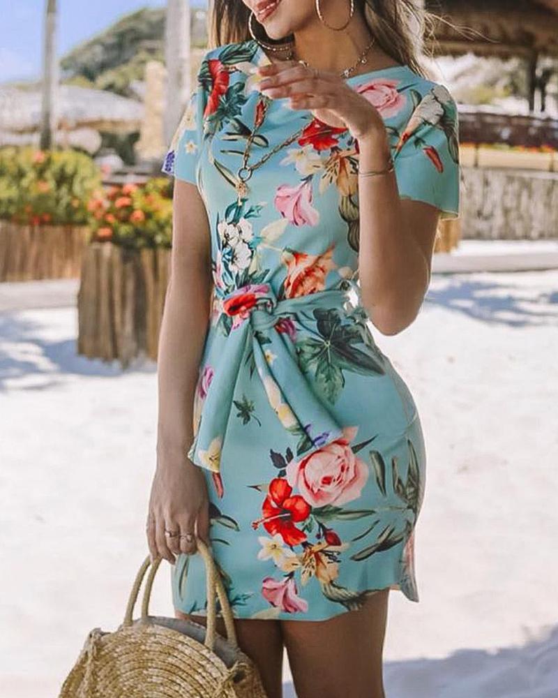 

Floral Print Short Sleeve Dress With Belt, Blue