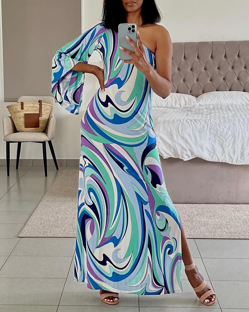

Allover Print One Shoulder Slit Maxi Dress, Blue