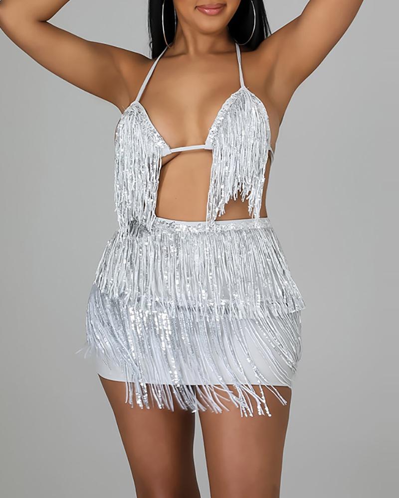 

Tie Back Tassel Design Crop Top & Skirt Set, Gray