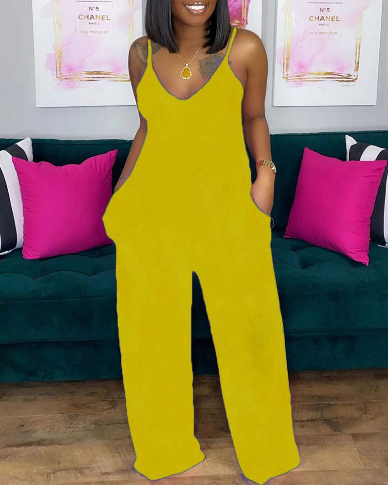 

V-Neck Pocket Detail Spaghetti Strap Jumpsuit, Yellow