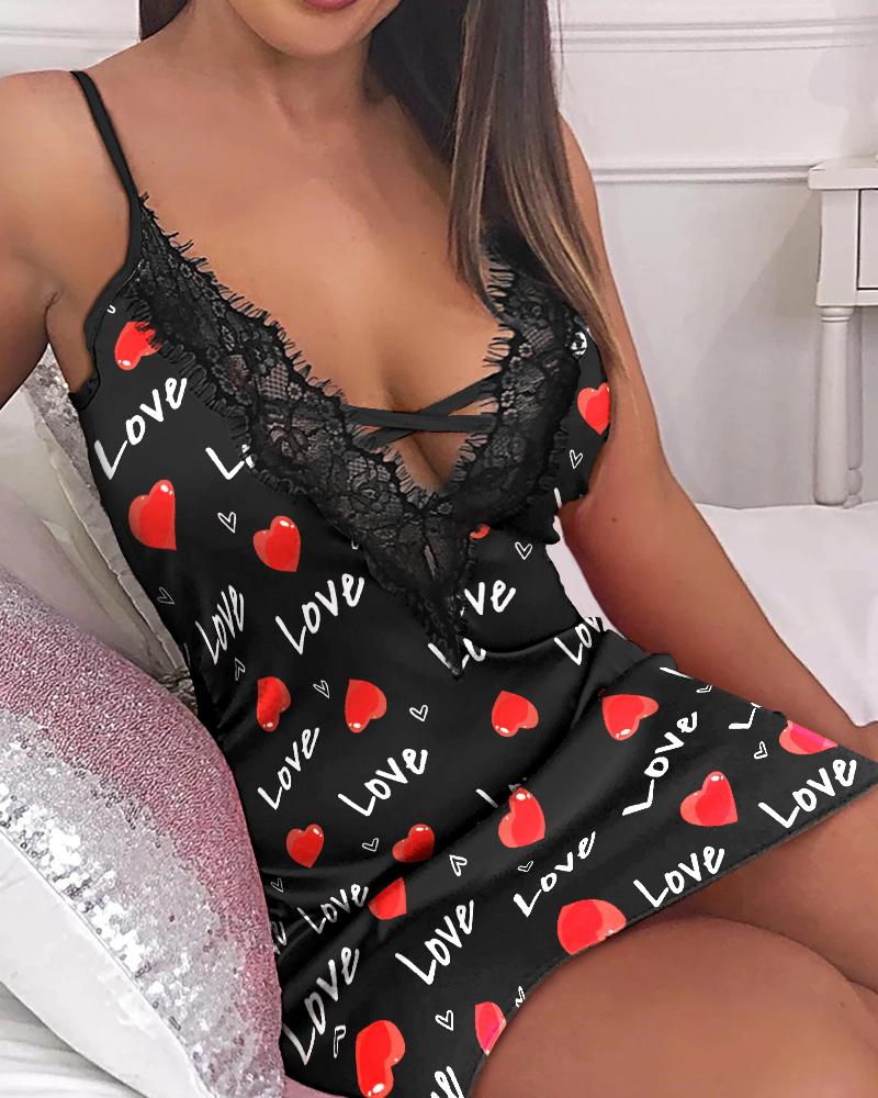 

Valentine' Day Love Heart Print Lace Trim Nightdress, Black