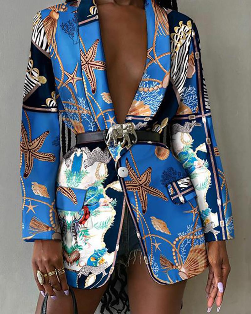 

Star Fish Graphic Print Long Sleeve Blazer Coat, Blue