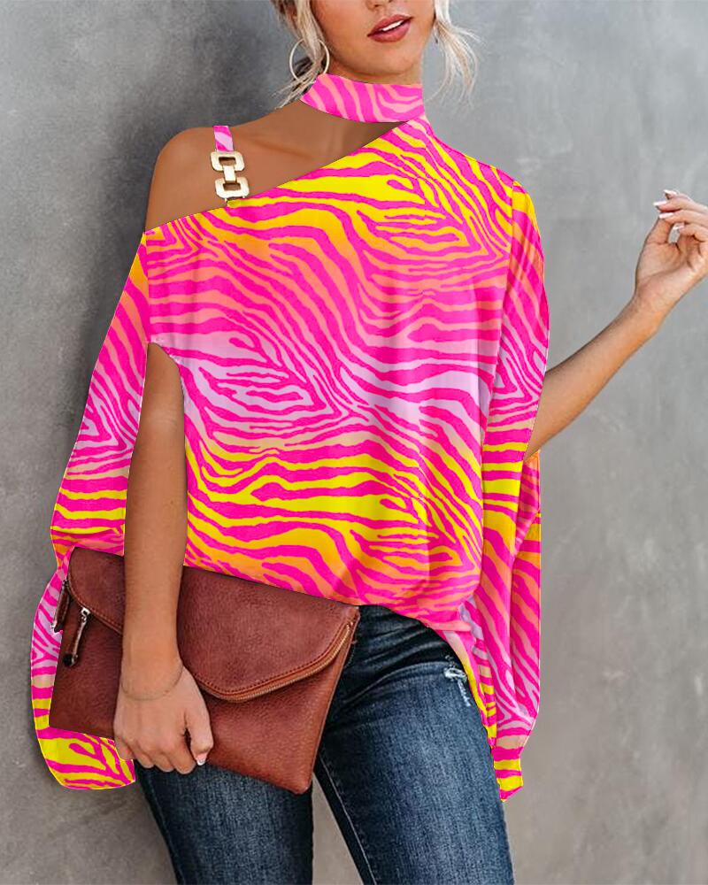 

Zebra Stripe Print Chain Strap Cold Shoulder Top, Hot pink