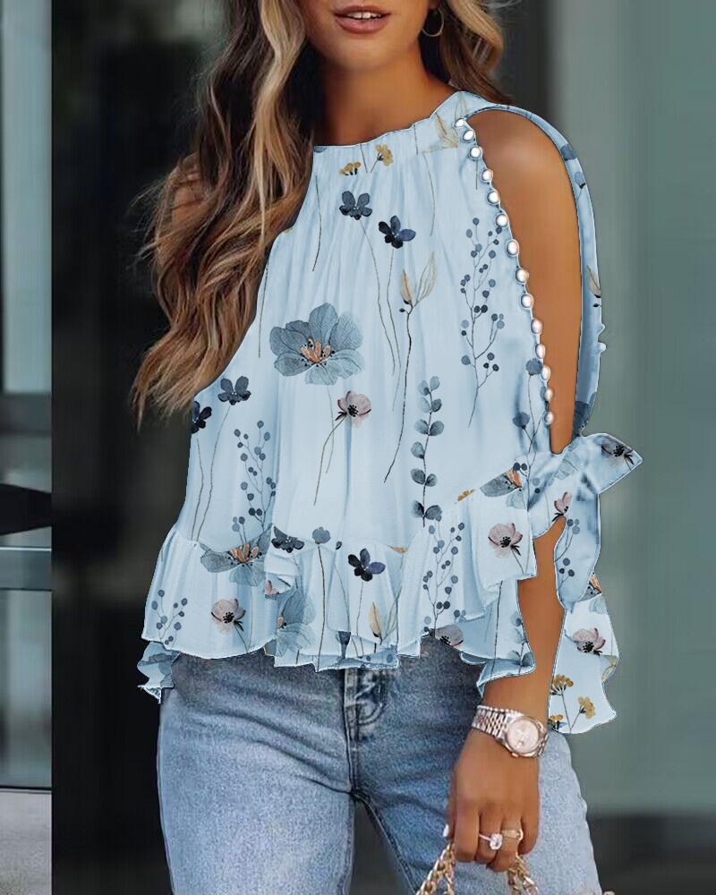 

Floral Print Ruffle Hem Split Sleeve Top, Blue