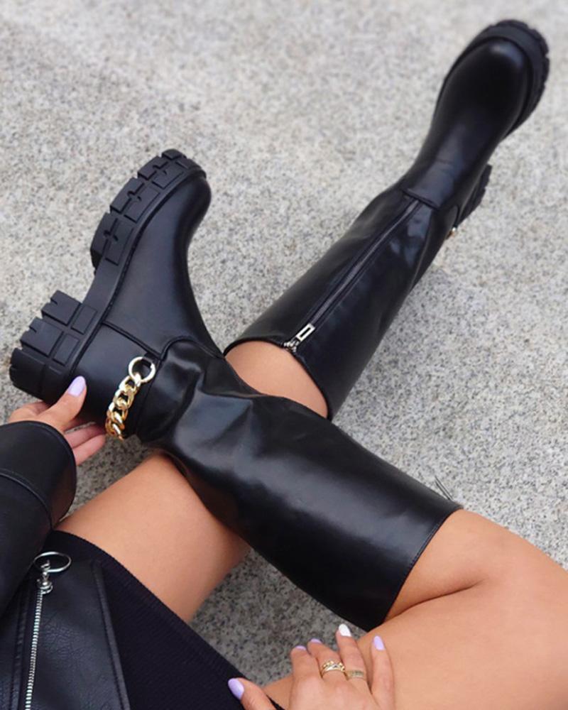 

Chain Decor PU Leather Platform Boots, Black