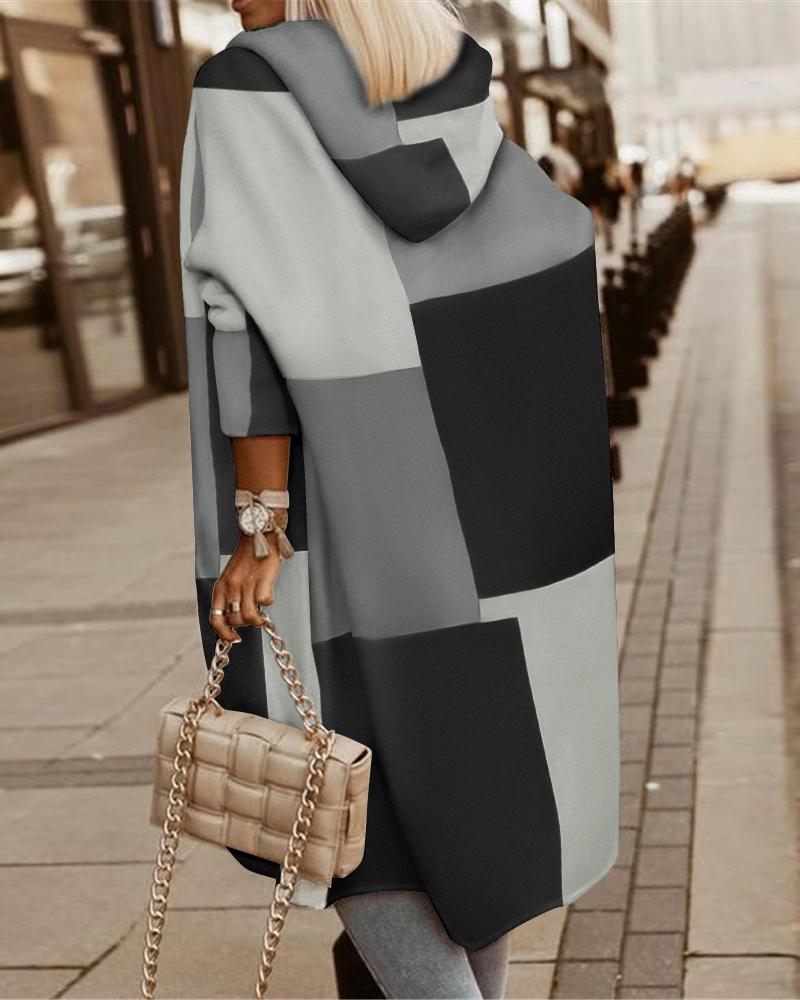 

Geometric Print Long Sleeve Hooded Coat, Black