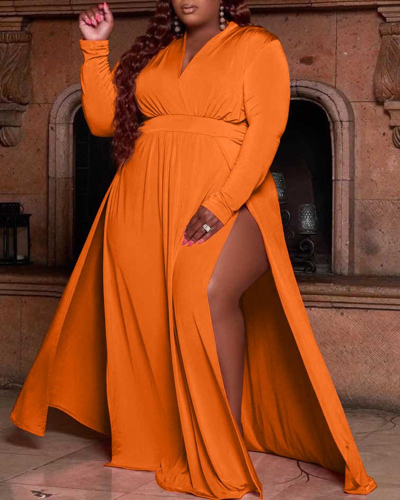 

Plus Size Long Sleeve High Slit Wrap Maxi Dress, Orange