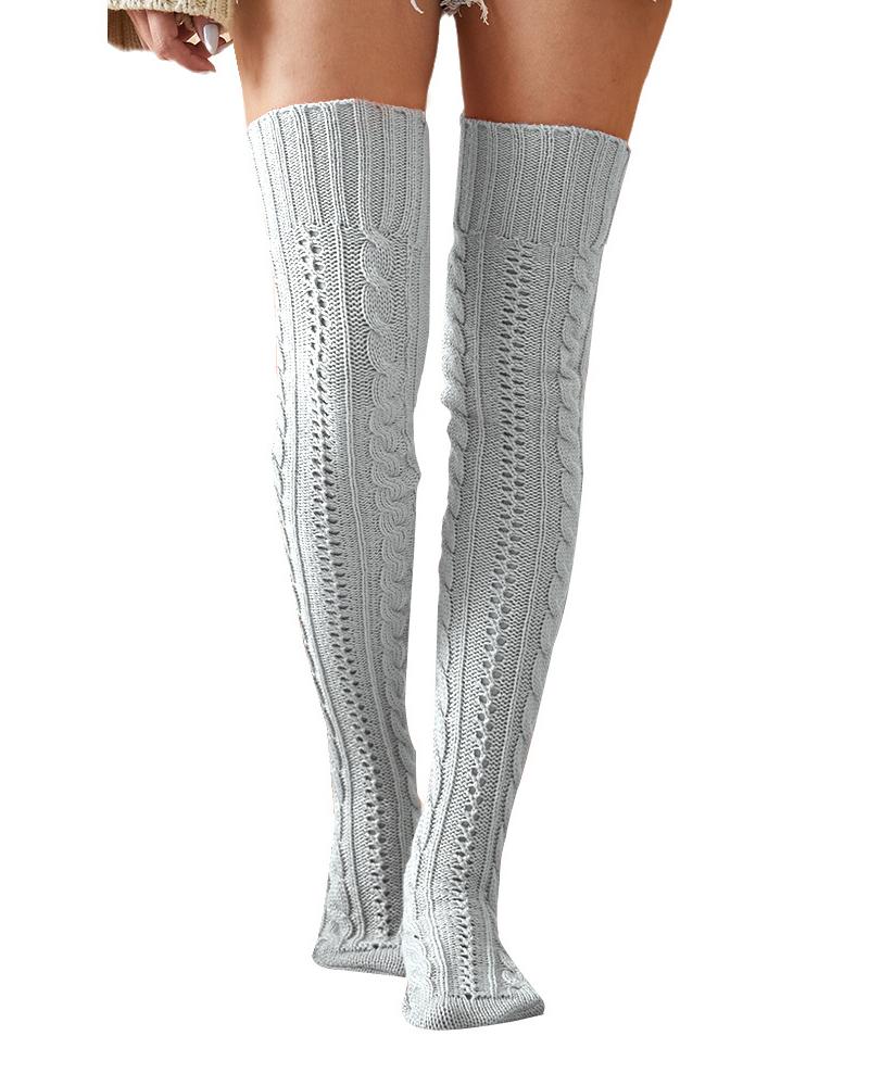 

Hollow Out Cable Knit Long Socks, White
