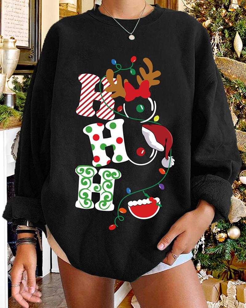 

Christmas Graphic Letter Print O-neck Sweatshirt, Black